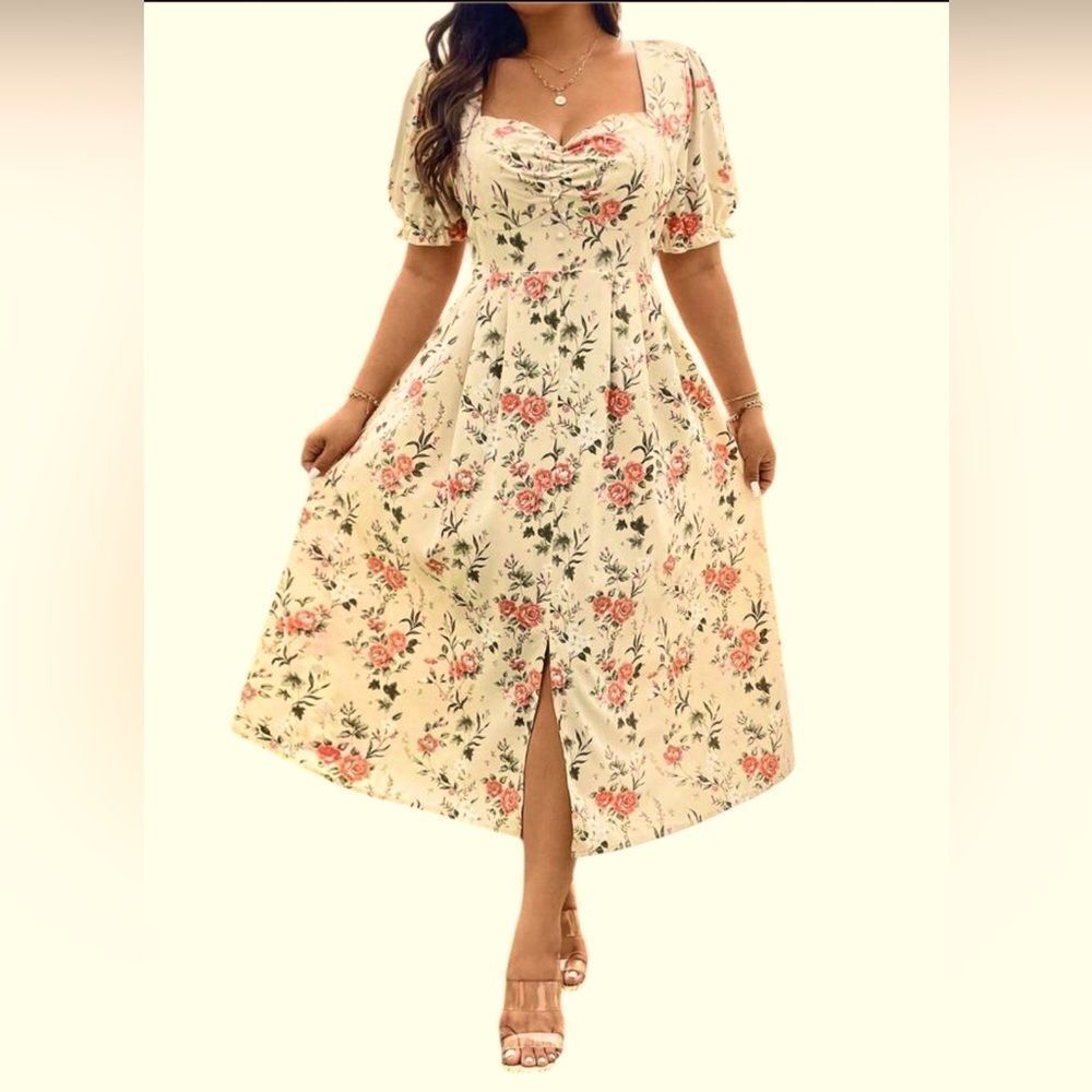 Floral midi dress sweetheart neckline button front puff sleeve feminine Dress XS